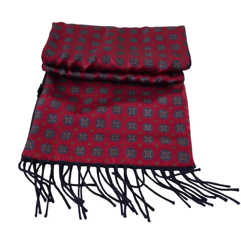 Vintage Rinaldo Carelli Italy Tie Rack Silk Wool Fringe Ascot Men's Luxury Scarf